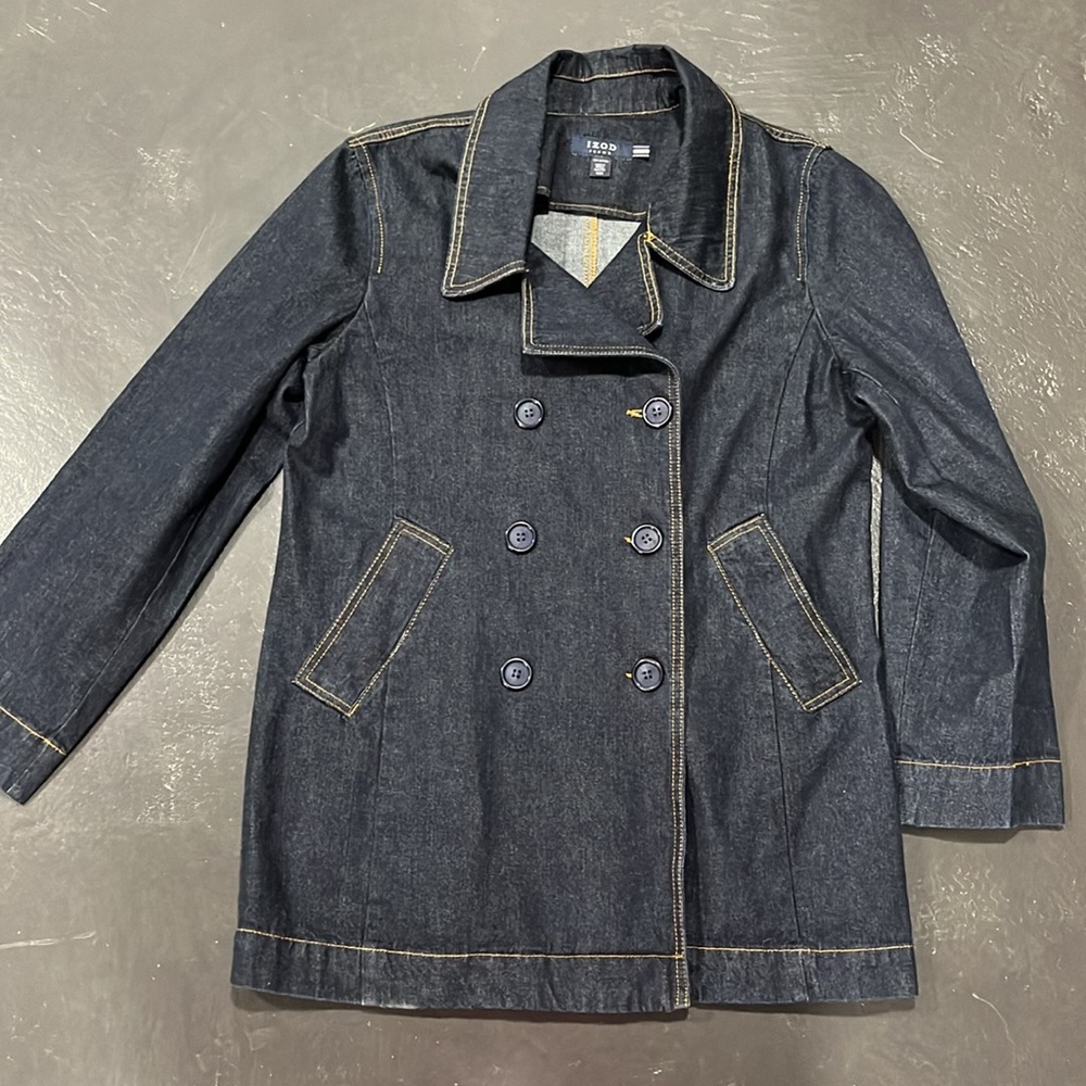 Woman’s IZOD Denim double breasted navy pea coat, size M, good condition